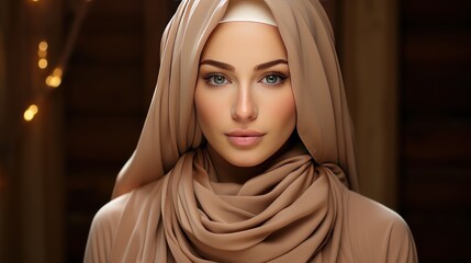 beautiful modern muslim woman with natural make-up dressed in beige hijab