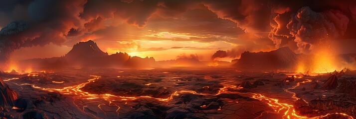Dramatic Fiery Mountain Landscape with Magma River and Volcanic Eruption in a Chaotic Sky - obrazy, fototapety, plakaty