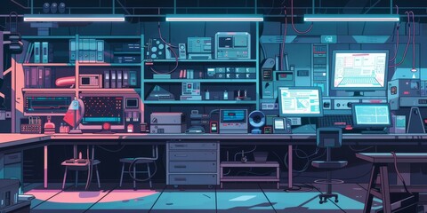 Cyberpunk lab, illustration, flat design, concept, multiple levels, scientist working