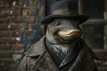 A platypus in a detective coat amidst a shadowy cityscape - perfect for a mysterious novel setting and unique gift product displays.