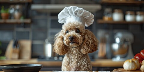 An elegant and skilled poodle donning a gourmet chef hat, perfect for showcasing gourmet food and high-end kitchen appliances.