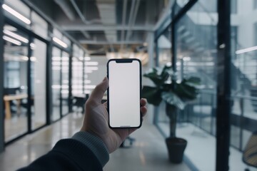 Close-up shot of a hand holding a smartphone with a blank screen, set against a modern office background