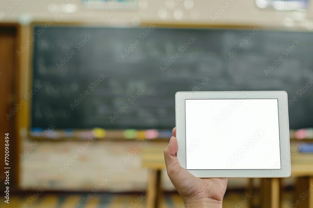 Poster a person's hand displays a blank tablet screen with a defocused classroom and chalkboard in the back