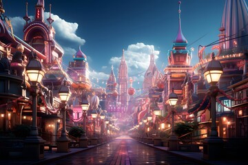 Futuristic city at night. Panoramic view. 3D rendering