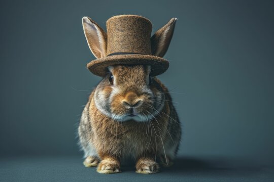 Experience the enchanting allure of a rabbit donning a magician's hat against a mysterious black backdrop, perfect for magic trick sets and party decor.