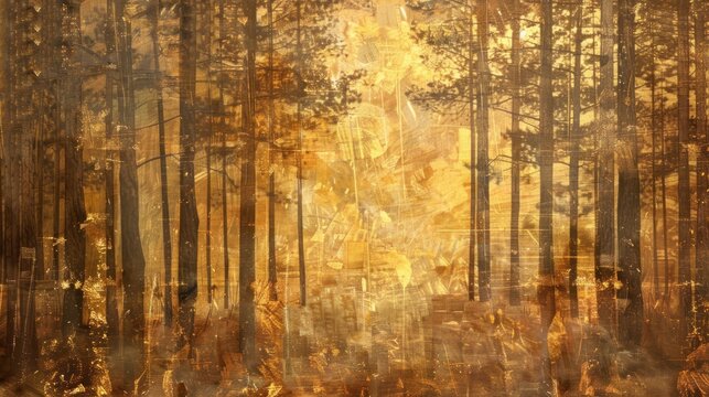 Wooden forest trees on golden sunlight scene. AI generated image