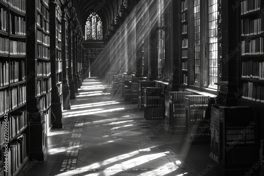 Poster Rays of light illuminate the dust in the air, creating a serene yet haunting atmosphere in this corridor lined with timeless literature