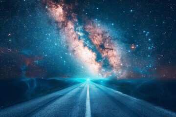 A breathtaking view of the Milky Way galaxy over a snow-covered road leading into the horizon and stars sprinkling the sky
