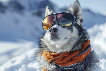 An adventurous Siberian Husky braves the snowy landscape in winter gear, perfect for outdoor and winter sports gear displays.