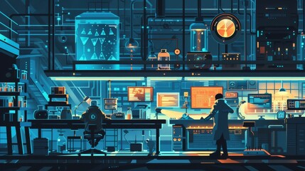 Cyberpunk lab, illustration, flat design, concept, multiple levels, scientist working