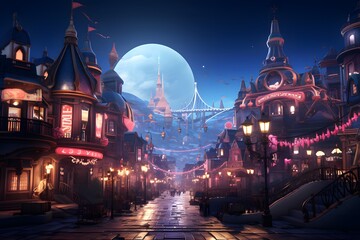 Amusement park at night with full moon. 3d rendering - obrazy, fototapety, plakaty