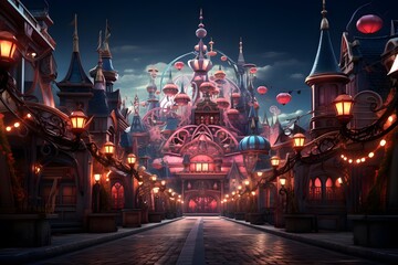 3D illustration of a fantasy fairytale castle at night.