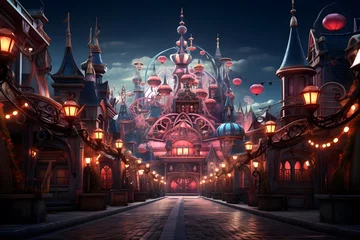 Foto op Canvas 3D illustration of a fantasy fairytale castle at night. © Iman