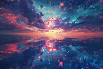 Captivating digital artwork where a surreal sunset meets sparkling stars reflected on a tranquil ocean surface - obrazy, fototapety, plakaty