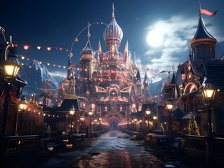 Fantasy illustration of a fairy tale town in the moonlight.