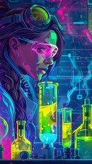 Cyberpunk lab, portrait of a female scientist, chemestry, glowing green viles, blue glass tubes, distilling pink, yellow and green glowing liquid, illustration 