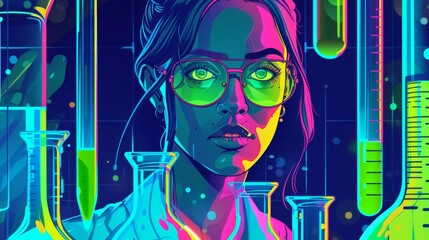 A portrait of a female in a cyberpunk lab, brain Surgery, illustration vector, flat design, concept, scientist working