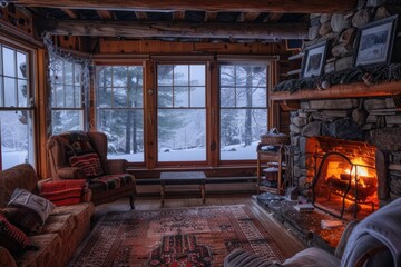 A classic log cabin interior welcomes with a warm fireplace and a snowy window view, perfect for a winter retreat
