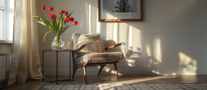 Living room interior features a black metal side table, a cozy chair with a soft plaid, a glass vase holding red flowers on a floor rug, and a picture in a wooden frame with empty space on the wall.