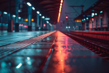 This close up shows glistening wet train tracks under neon lights, evoking a sense of futuristic urban nights