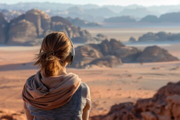 A traveler enjoys tranquil music while contemplating the vast expanse of a serene, sandy desert landscape