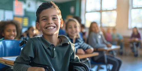 Cheerful preteen boy sitting in a wheelchair in a classroom in school. Disabled child learning new skills with his typical peers. Education for special needs children. - obrazy, fototapety, plakaty