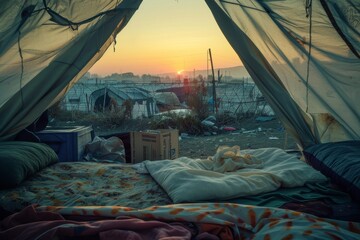 A sunset view from inside a tent in a makeshift refugee camp, conveying hardship and hope amidst adversity