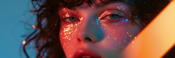 Close-up of young woman with holographic makeup. Banner with synthwave, retrowave, vaporwave aesthetics.
