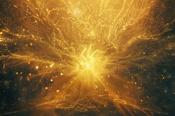 The image depicts an abstract visualization of fractal patterns in a fiery golden color emanating from a central light