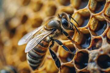 Close-up of a honeybee on the hive, detailing its wings and eyes with precision against the honeycomb backdrop. Generative AI
