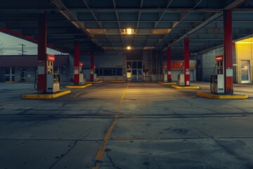 An evocative photo of an abandoned gas station captured at twilight with a moody atmosphere - obrazy, fototapety, plakaty