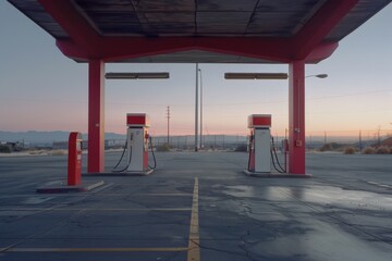 A hauntingly empty gas station captured in the soft twilight, conveying a sense of abandonment and serenity