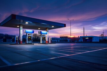 This vibrant image showcases a modern fuel station basking under the glow of a dramatic sunset