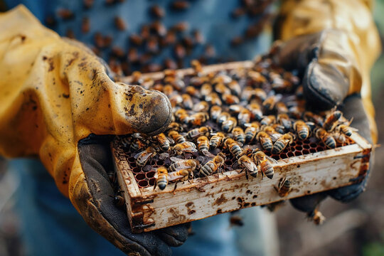 Gloved hands of a beekeeper hold a wooden frame crowded with honey bees, exemplifying apiary management. Generative AI