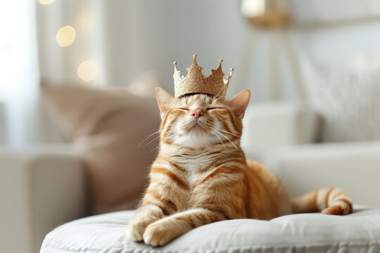 Cute striped cat proudly wearing a crown at home. Treating your pet as a king or queen. Feline royalty resting on a pillow in cozy living room.