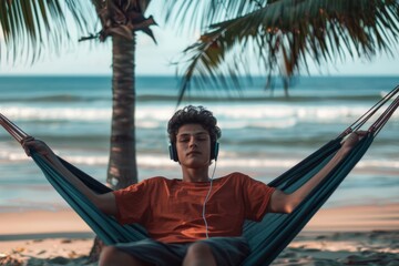 Young teen with headphones relaxing in a hammock on a tropical beach