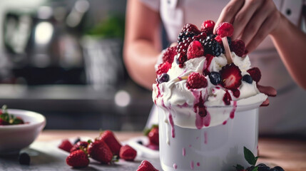 A person is scooping fresh berries into a cup of creamy ice cream, creating a delicious summer...