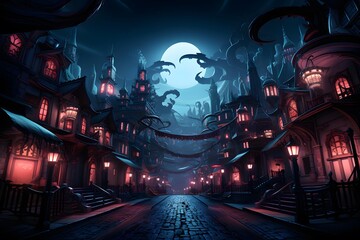 Halloween scene with haunted house and full moon, 3d illustration