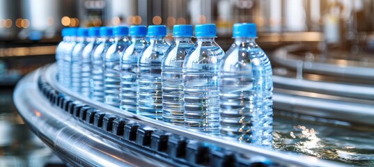 Hygienic bottling of drinking water in plastic bottles at a pristine manufacturing facility - obrazy, fototapety, plakaty