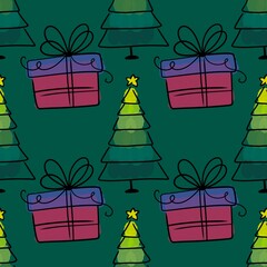 Watercolor Christmas tree seamless new year pattern for wrapping paper and fabrics and party accessories