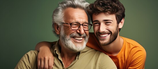 Adult hipster son fun hugging old senior father at home - obrazy, fototapety, plakaty