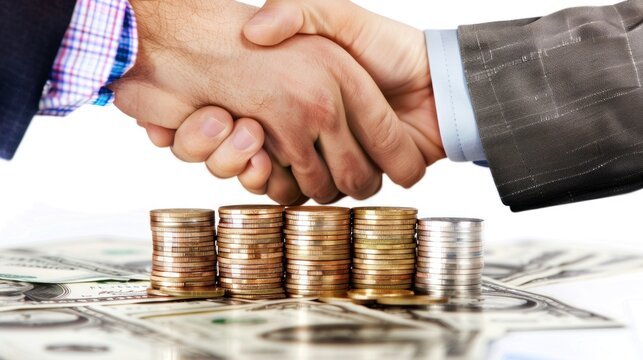 business people shaking hands with money