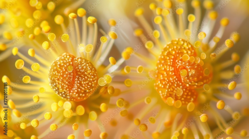 Poster a of pollen grains attached to a plants stamen each grain varying in size and shape with delicate pr