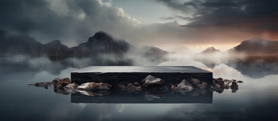 Dark background with natural granite stones podium on water and smoke - obrazy, fototapety, plakaty