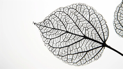 A close-up silhouette of a leaf with intricate veins, set against a white background. The silhouette highlights the natural patterns and the organic symmetry of the leaf's structure.