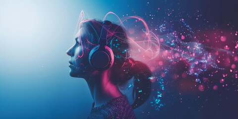 Vibrant person with headphones and flowing neon abstract lines portraying a music or audio theme. Person in earphones with abstract red light streams and dots. - obrazy, fototapety, plakaty