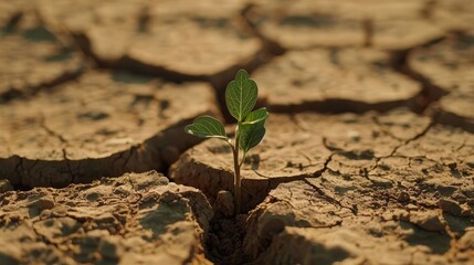 A small green sprout growing in the cracked soil. The Green Heart of Arid Lands