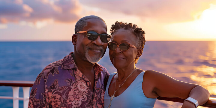 Beautiful retired senior couple enjoying cruise vacation. Senior man and woman having fun on a cruise ship. Old man and old lady travelling by sea. - Powered by Adobe
