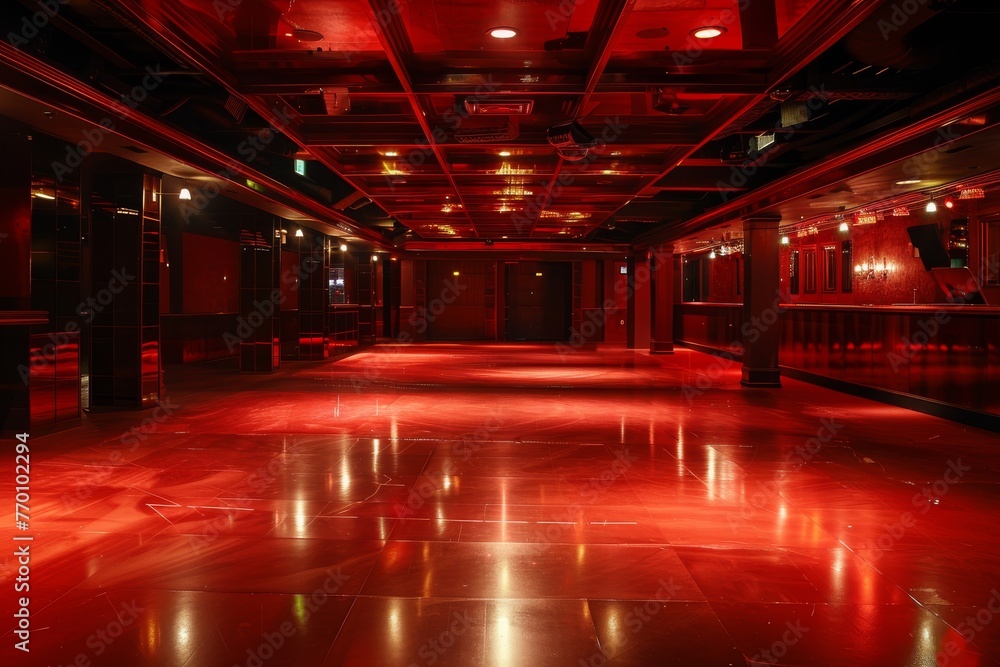 Poster The interior of a corridor bathed in red neon light, creating a mysterious and modern atmosphere