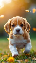 Energetic beagle dog joyfully running in lush green grass field, happy domestic pet outdoors